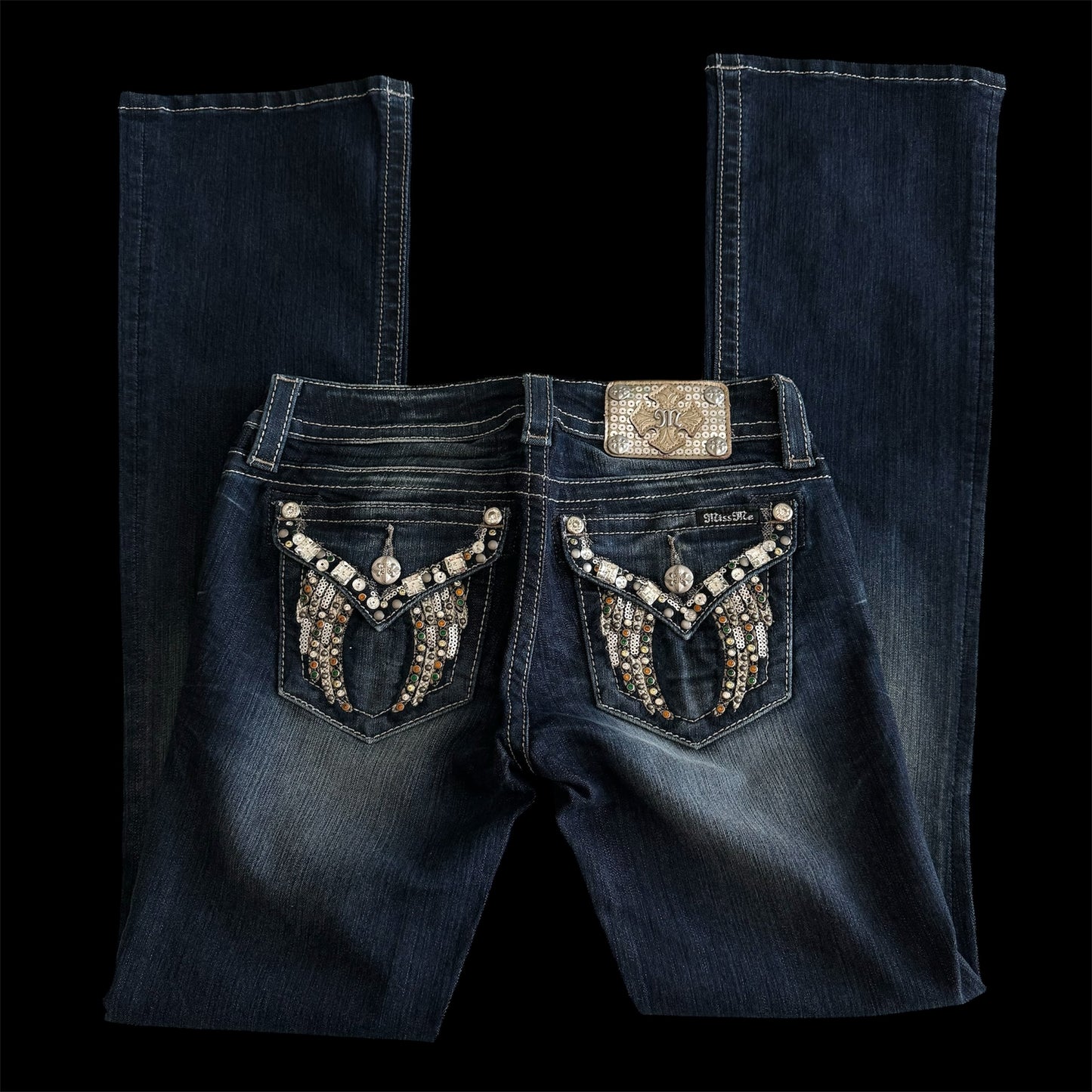 Dark Denim Blue ‘Miss Me’ Y2K Deadstock Embellished Angel Wings Bootcut Lowrise Jeans