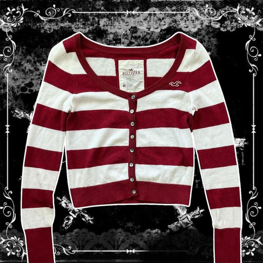 Red & White ‘Hollister Co’ Striped Vintage Cropped Cardigan