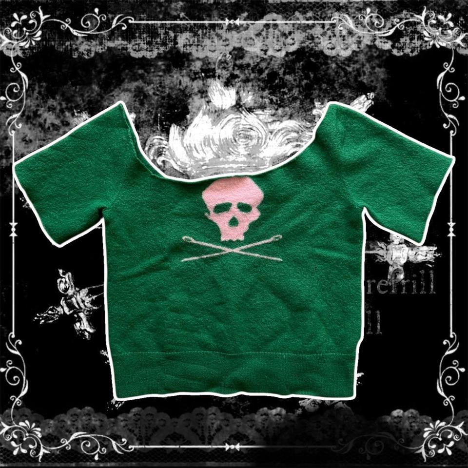 green & pink skull off the shoulder top