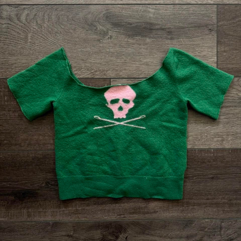green & pink skull off the shoulder top