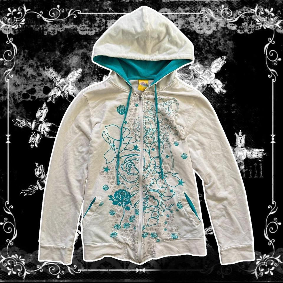 white & blue floral grungy zip up hoodie jacket