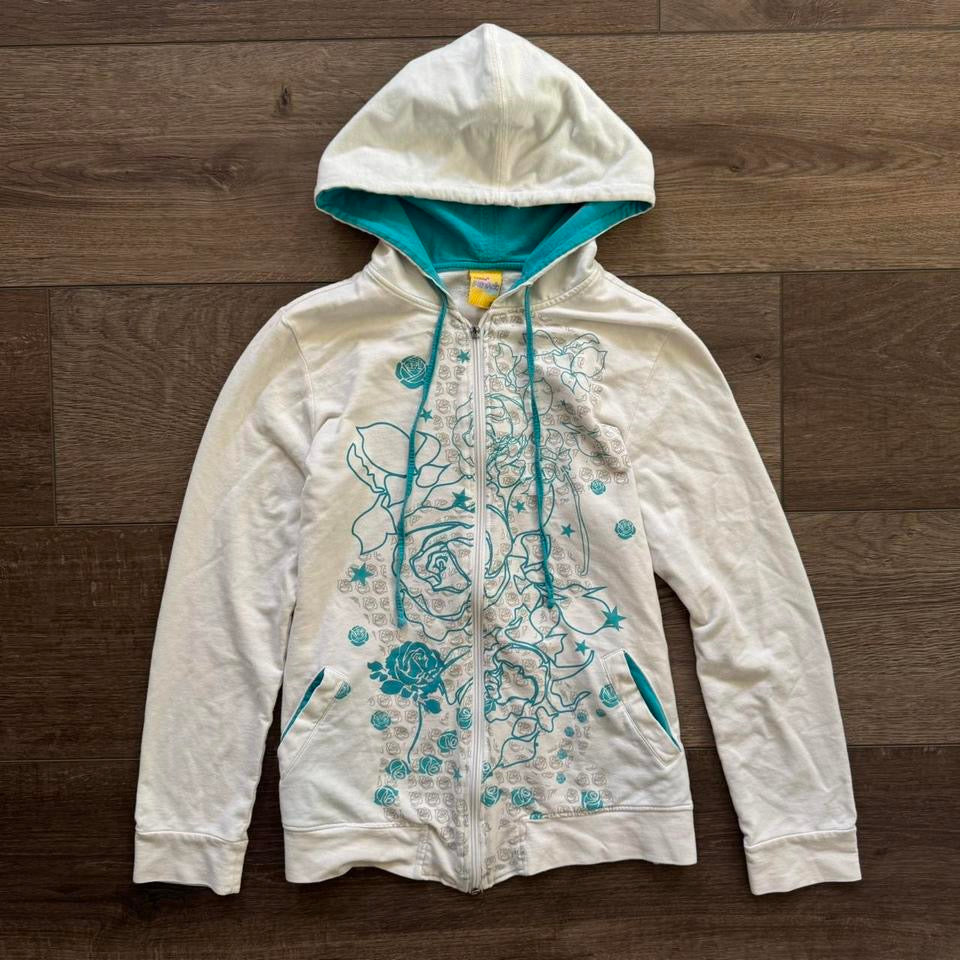 white & blue floral grungy zip up hoodie jacket