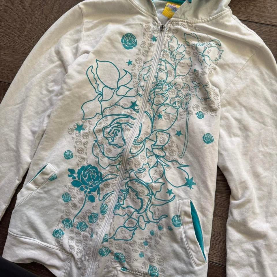 white & blue floral grungy zip up hoodie jacket